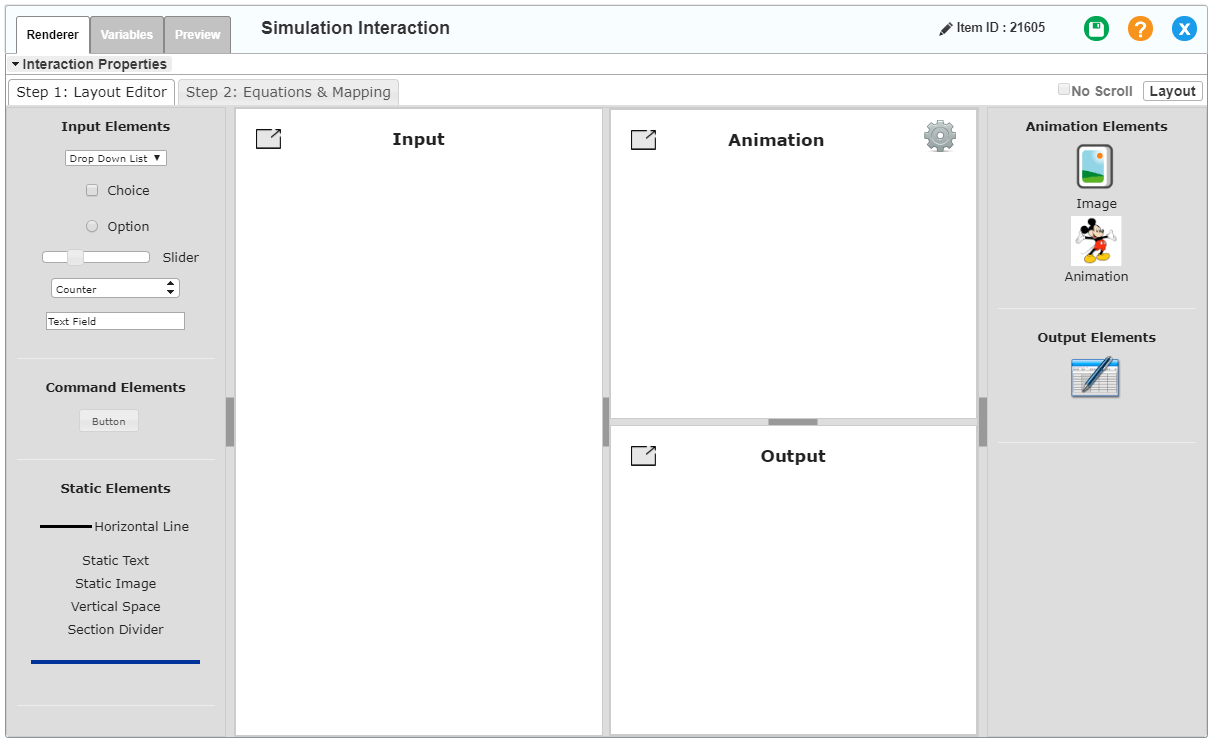 Simulation interaction editor window: Renderer tab: Layout Editor sub-tab